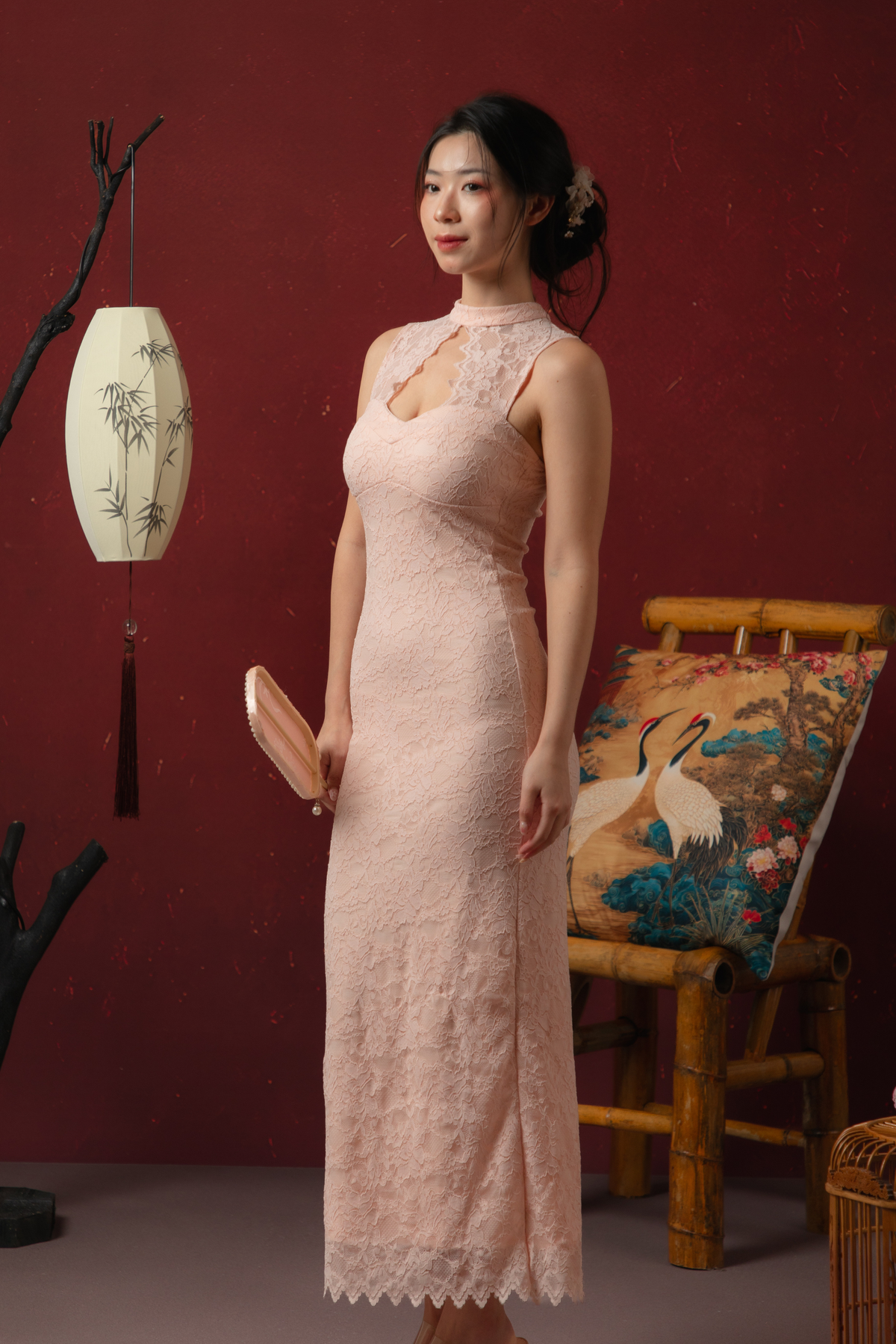 Roselle Lace Cheongsam Dress in Blush Pink