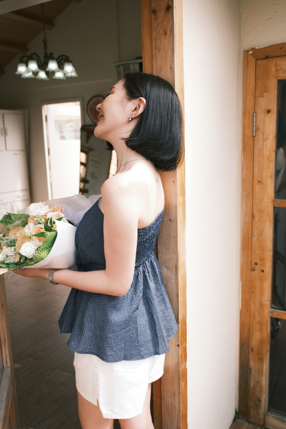Éloise Strapless Pinstripe Peplum Top in Blue