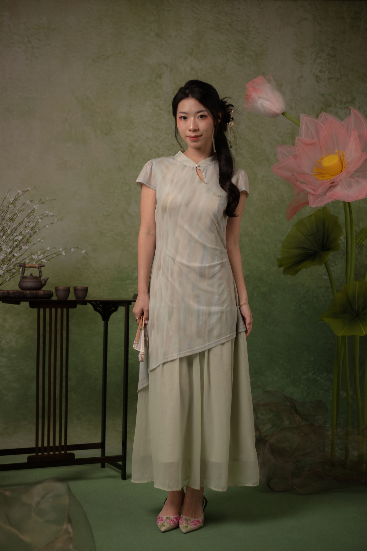 Jade Mist Layered Cheongsam Dress in Sage