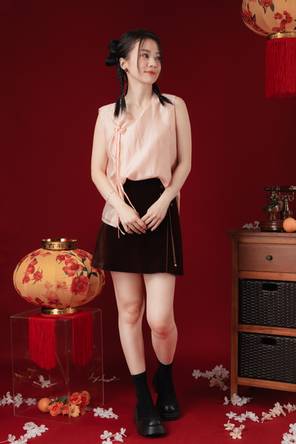Velvet Ribbon-Panels High-Waist Cheongsam Mini Skirt