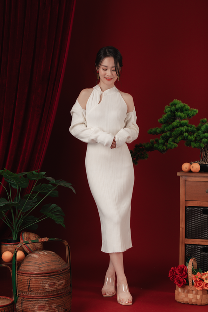 Liora Knit Mandarin Two-Piece Dress in Beige White (In-Stock)
