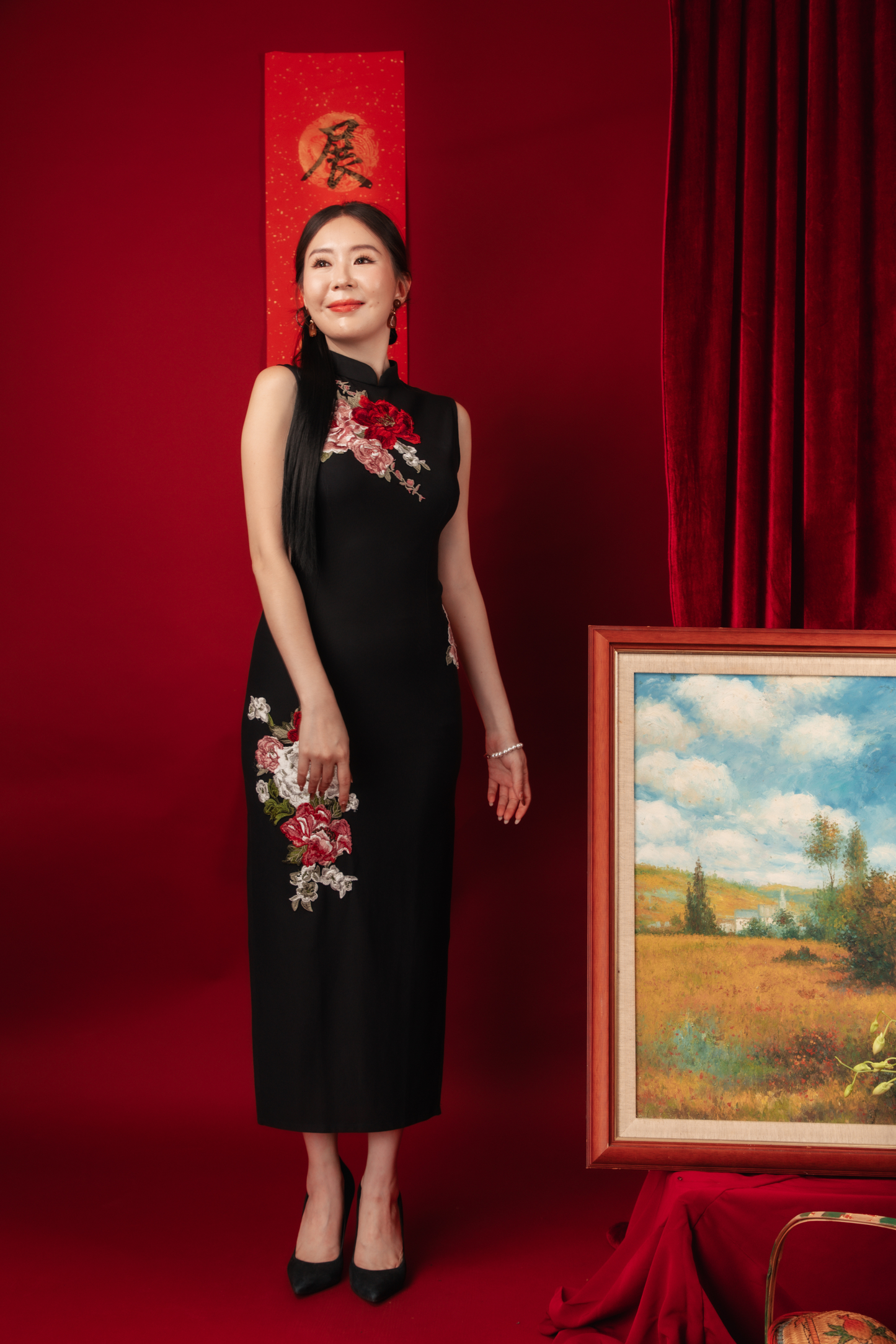 Crimson Bloom Embroidered Cheongsam Dress