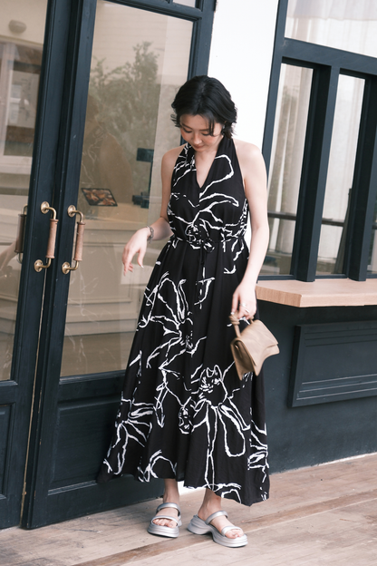 Noir Fleur Halter Maxi Dress in Black