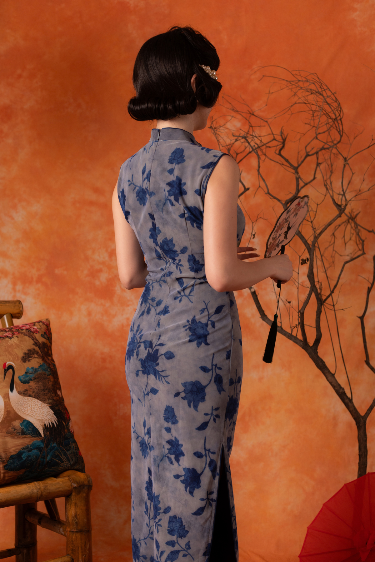 Eluned Peony Cheongsam Dress in Blue