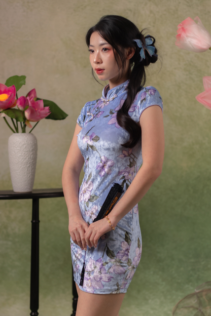 Reverie Velvet Cheongsam Dress in Blue