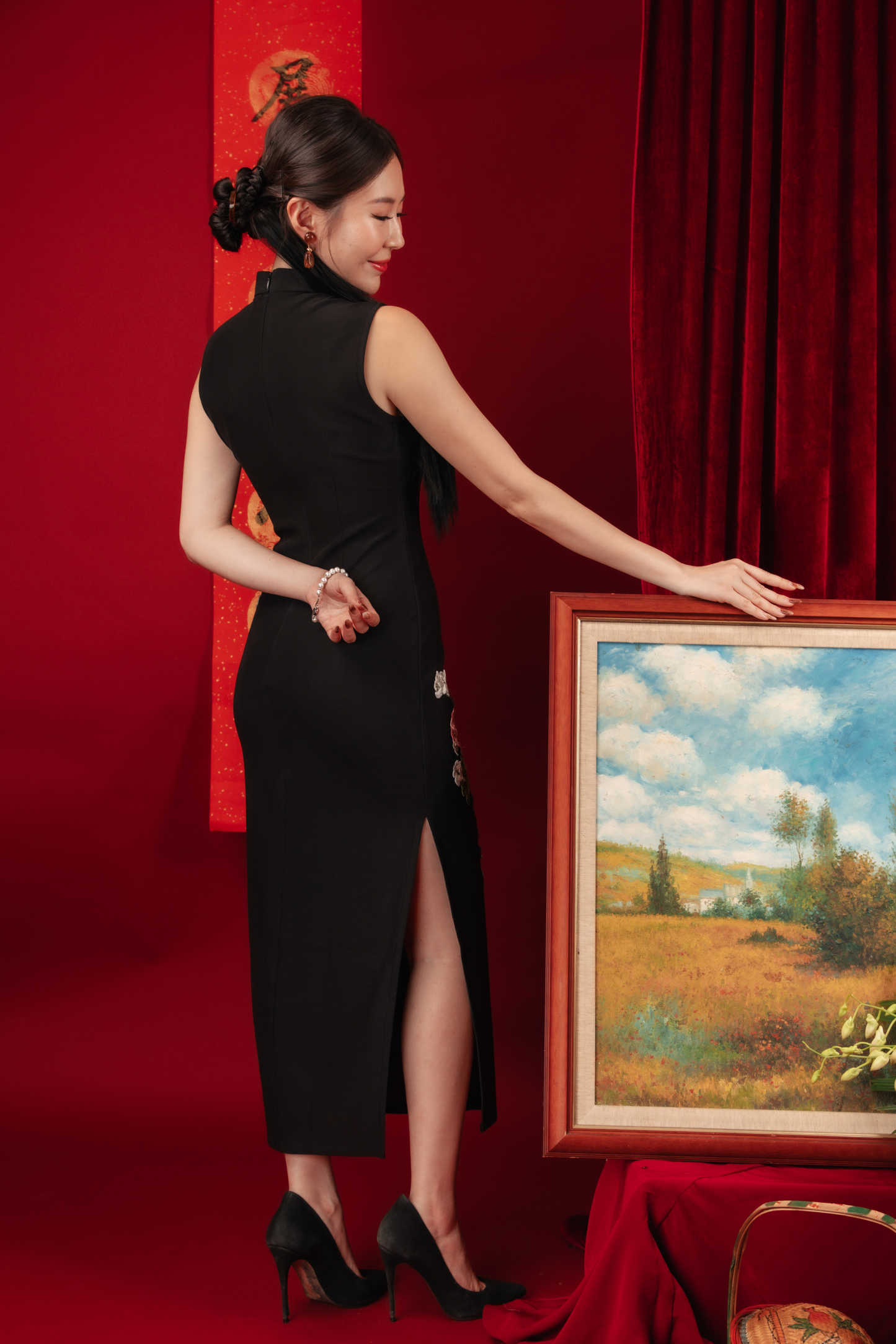 Crimson Bloom Embroidered Cheongsam Dress