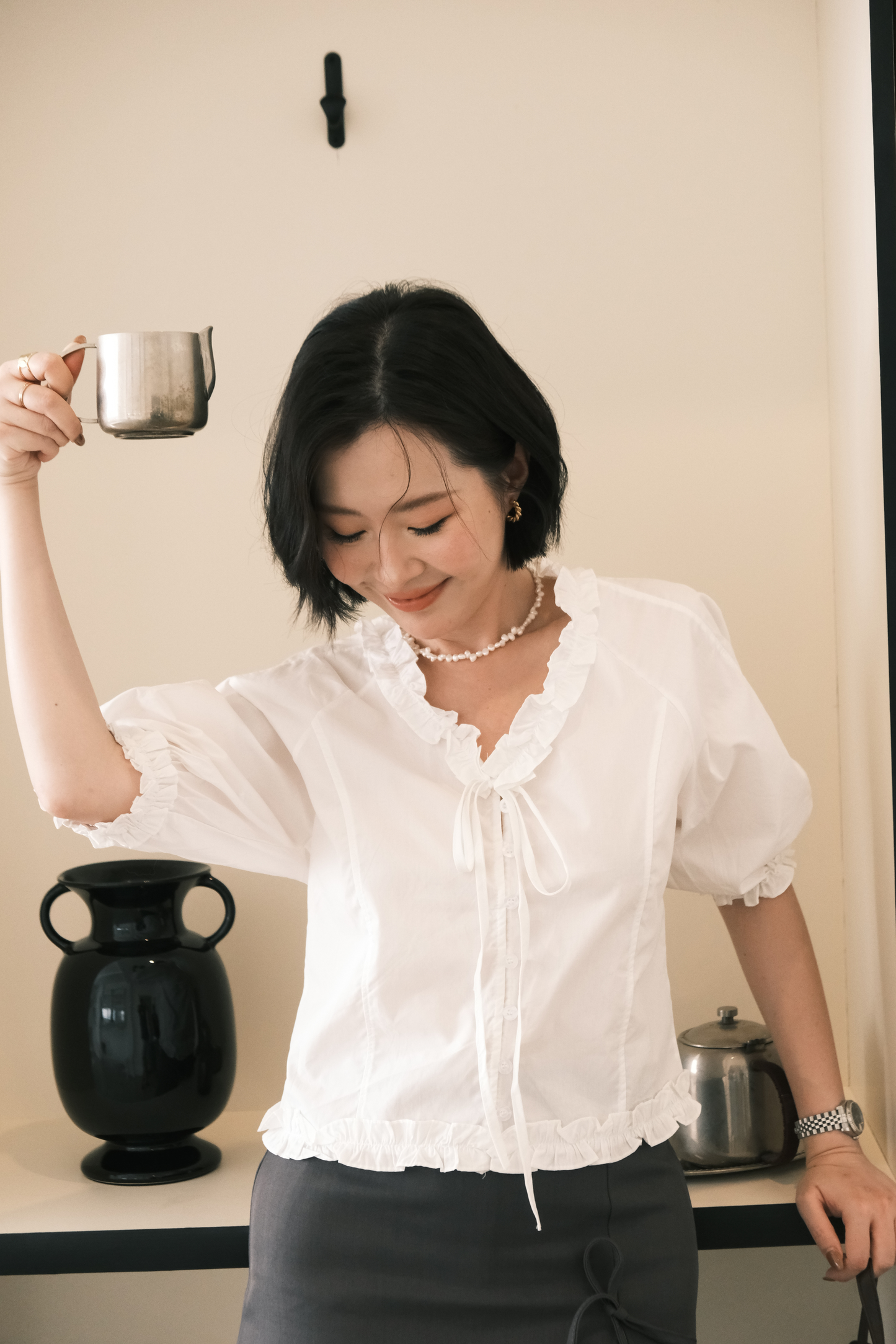 Élise Ruffle-Trim Puff-Sleeve Blouse