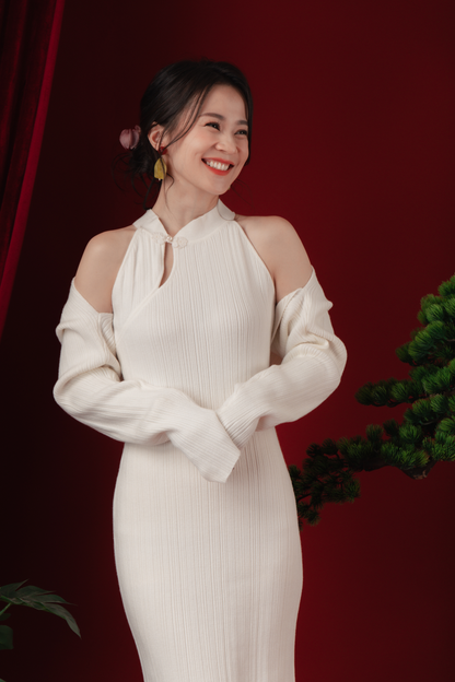 Liora Knit Mandarin Two-Piece Dress in Beige White (In-Stock)