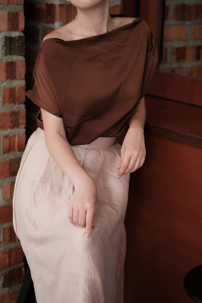 Claire Draped Satin Top in Brown
