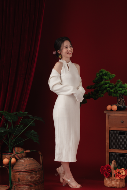 Liora Knit Mandarin Two-Piece Dress in Beige White (In-Stock)