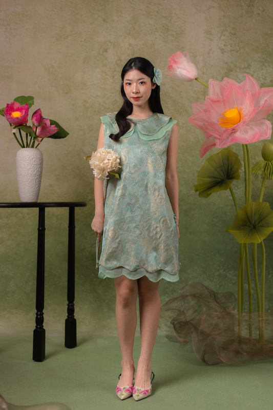 Elara Lotus Cheongsam Dress in Mint Sage