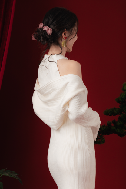 Liora Knit Mandarin Two-Piece Dress in Beige White (In-Stock)