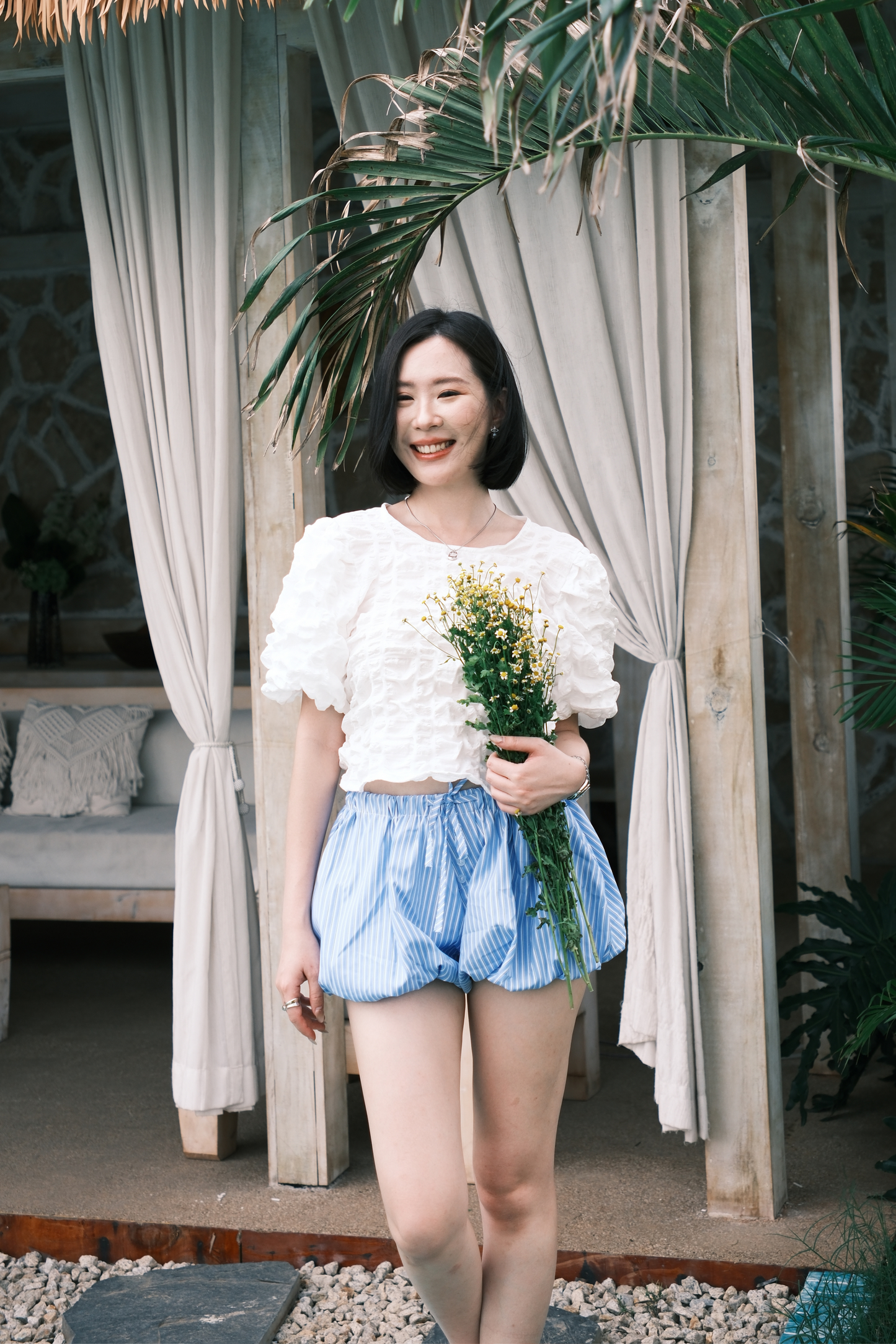 Zélie Striped Balloon Shorts in Blue