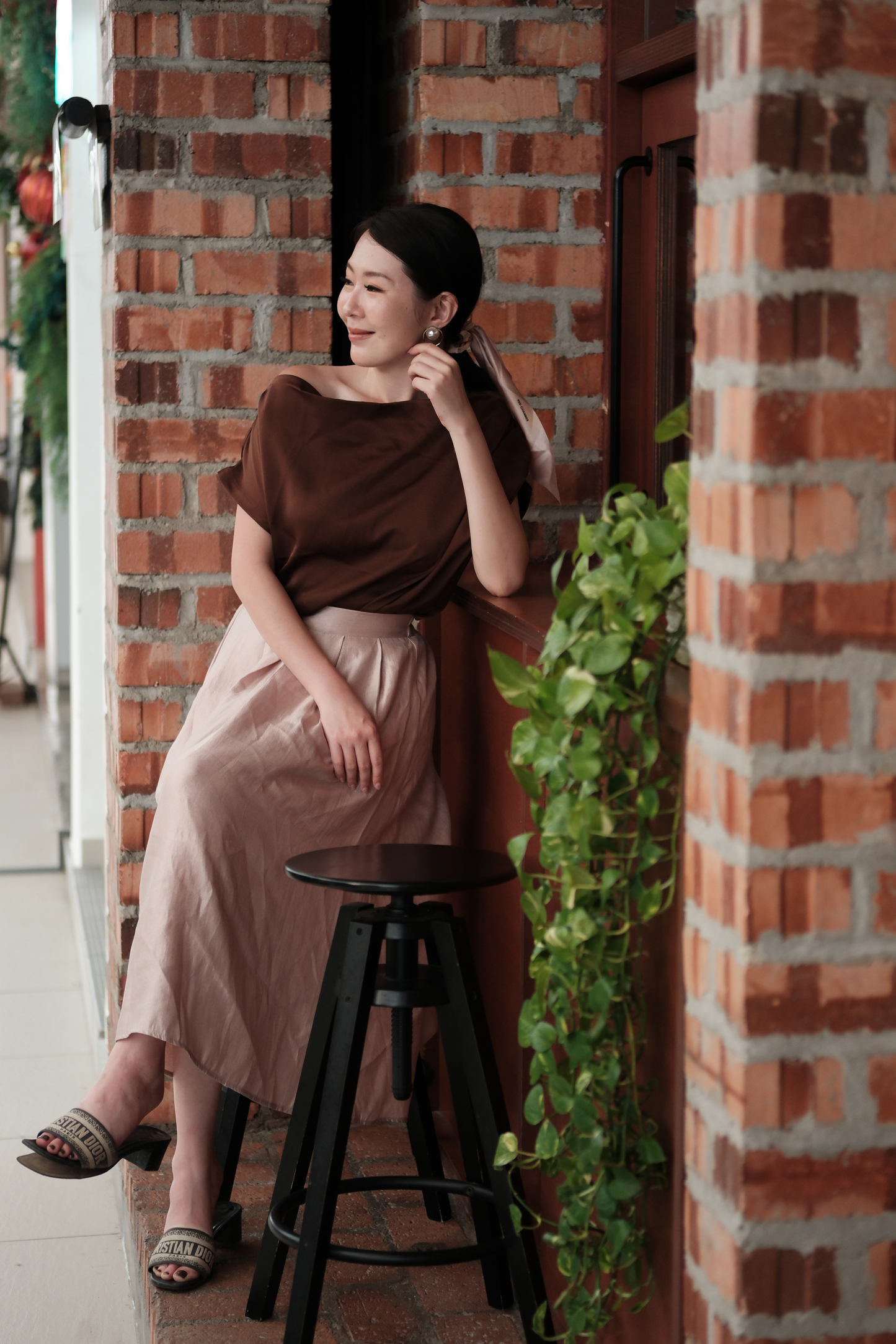 Claire Draped Satin Top in Brown