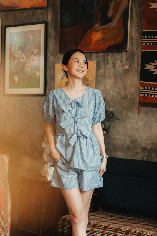 Maëlle Bow Tie Stripe TwinSet in Light Blue