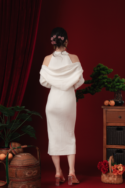 Liora Knit Mandarin Two-Piece Dress in Beige White (In-Stock)