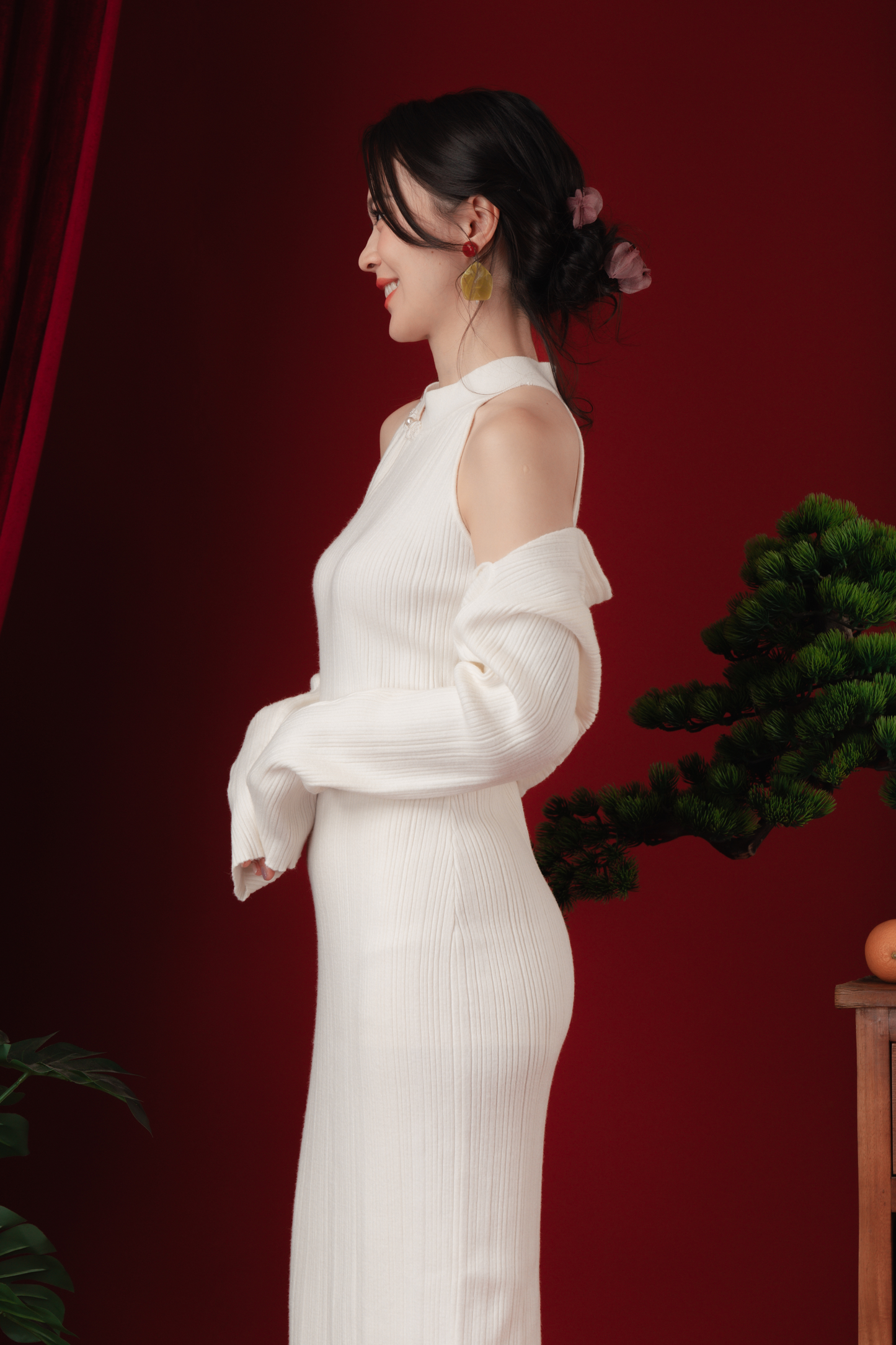 Liora Knit Mandarin Two-Piece Dress in Beige White (In-Stock)