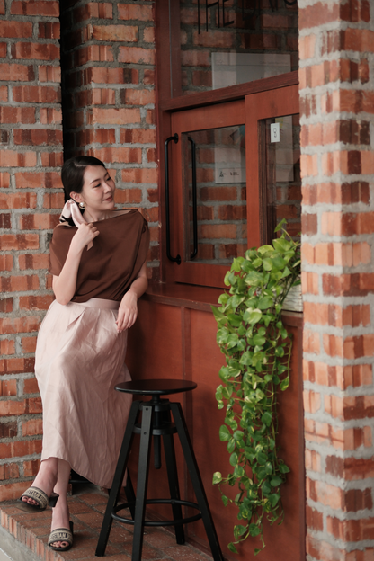 Claire Draped Satin Top in Brown