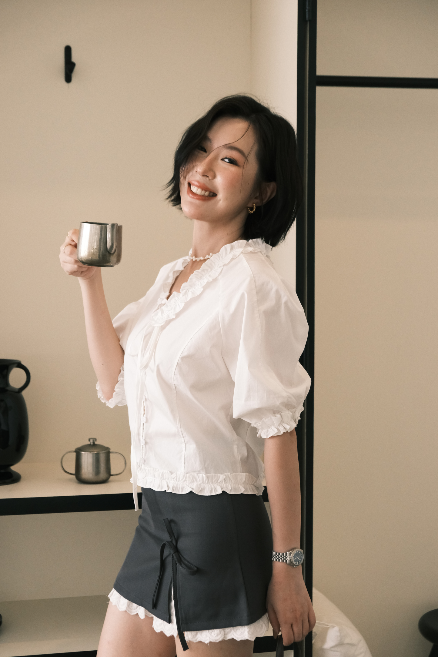 Élise Ruffle-Trim Puff-Sleeve Blouse