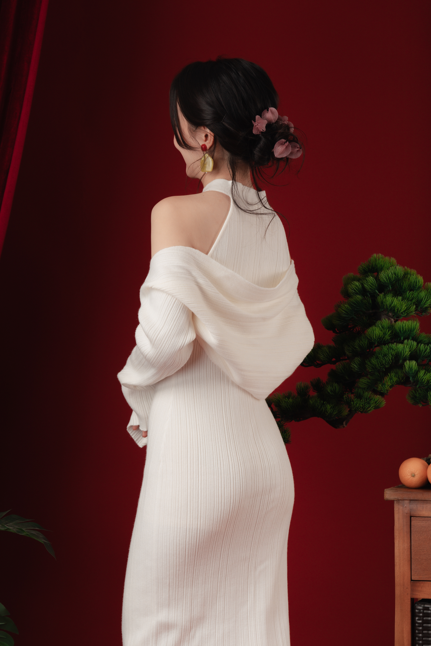 Liora Knit Mandarin Two-Piece Dress in Beige White (In-Stock)