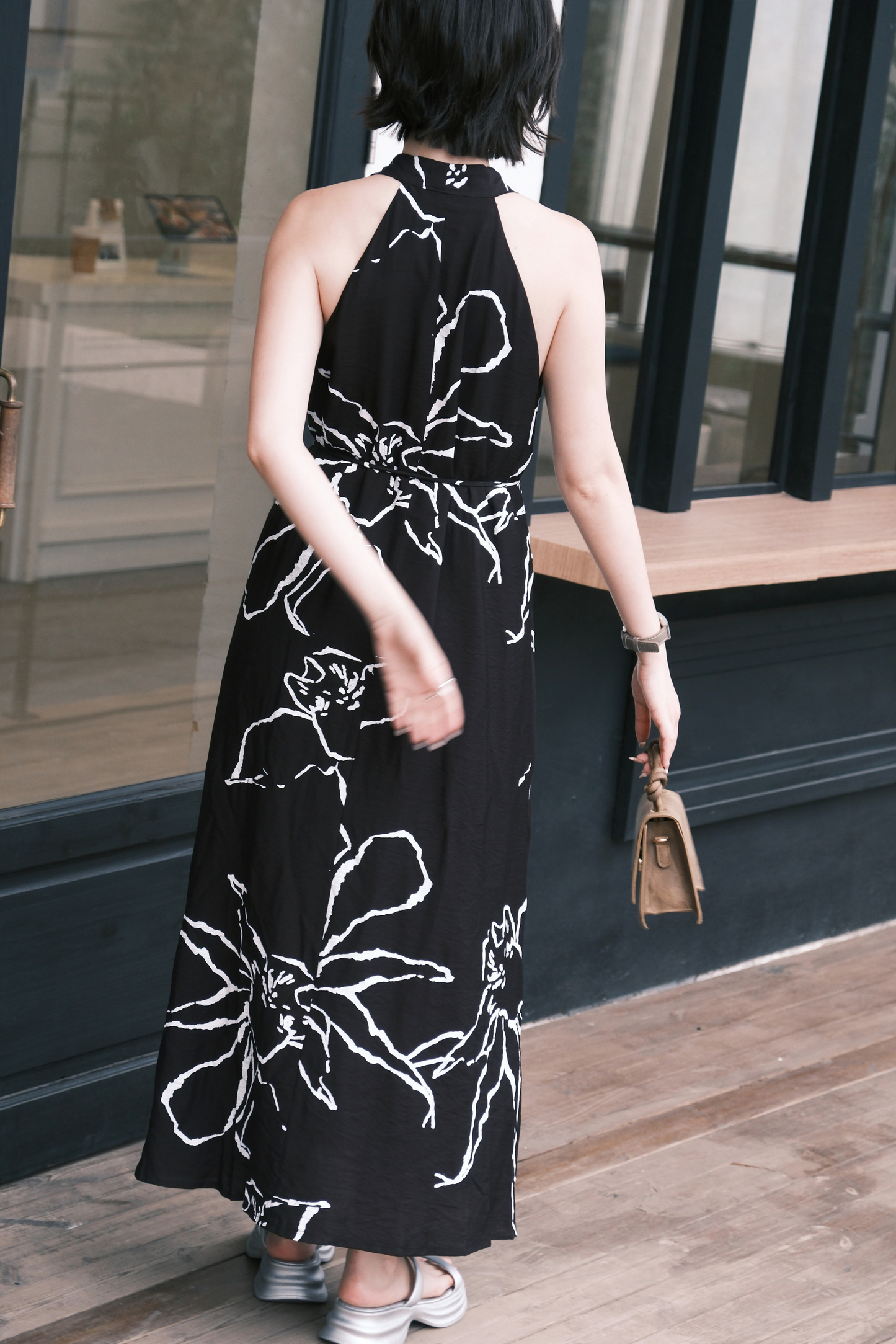 Noir Fleur Halter Maxi Dress in Black