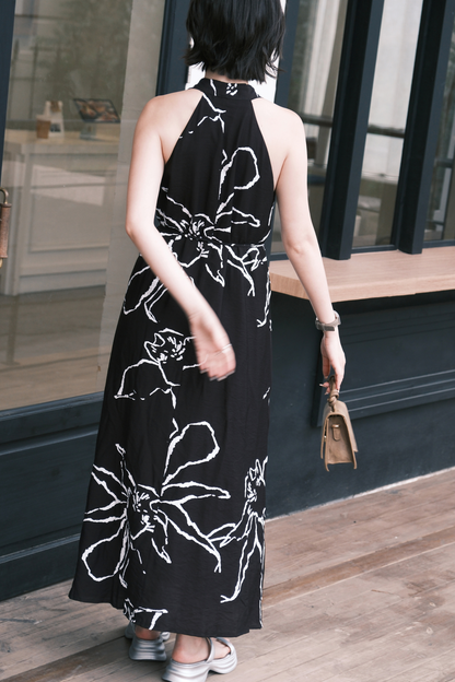 Noir Fleur Halter Maxi Dress in Black