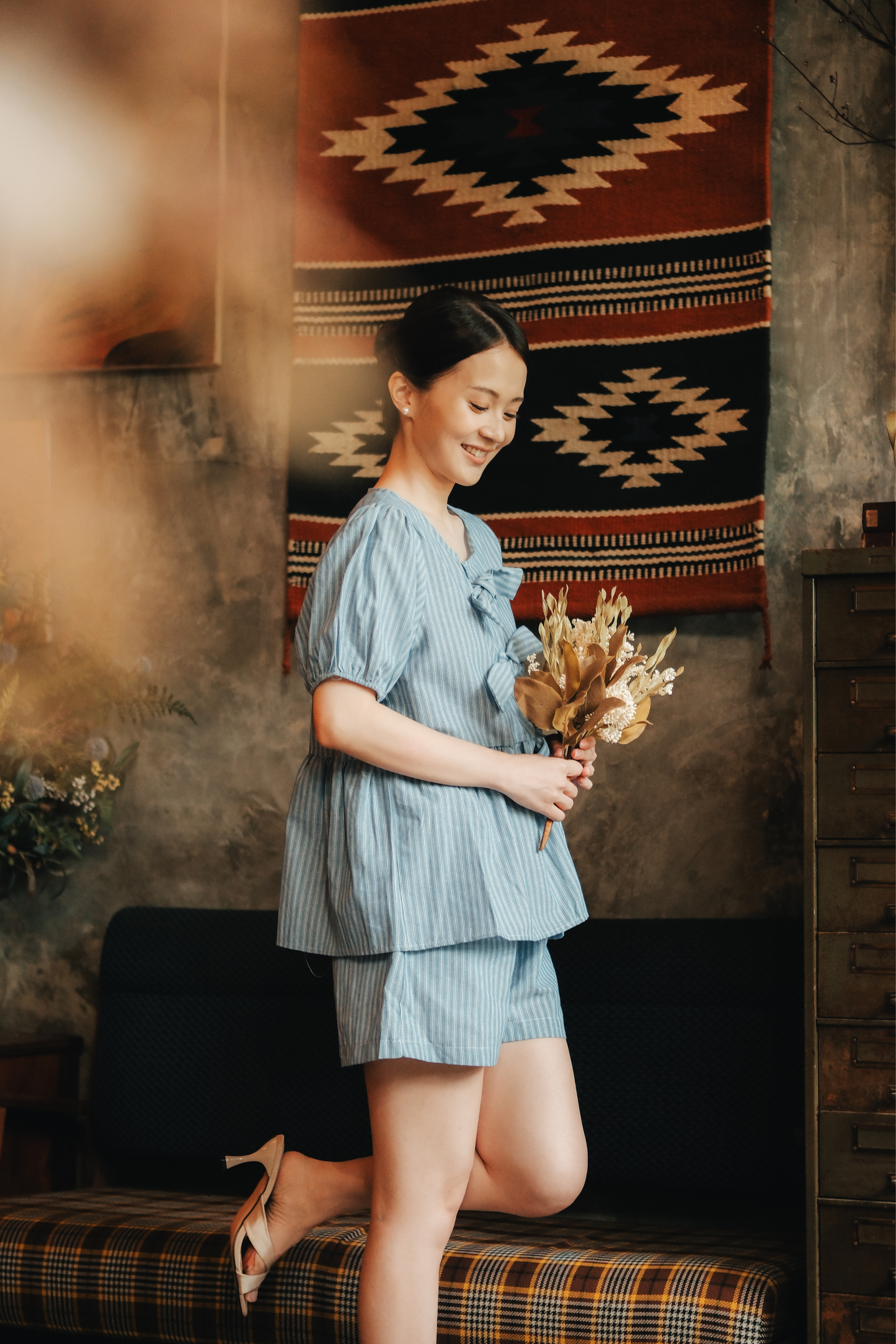 Maëlle Bow Tie Stripe TwinSet in Light Blue
