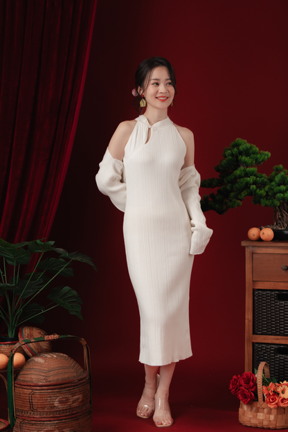 Liora Knit Mandarin Two-Piece Dress in Beige White (In-Stock)