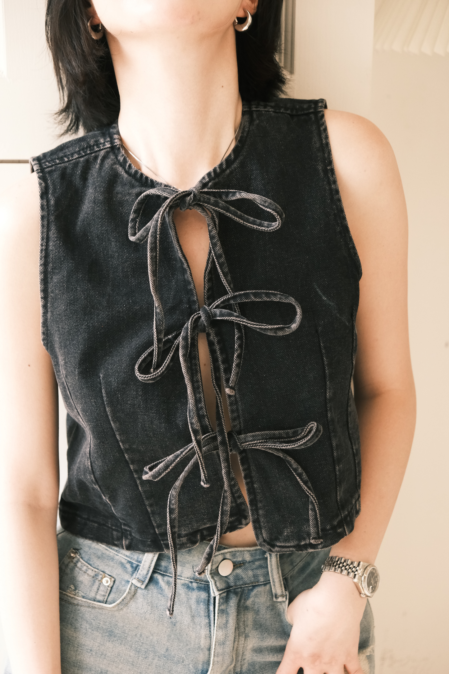 Rhea Lace-Up Denim Vest in Black