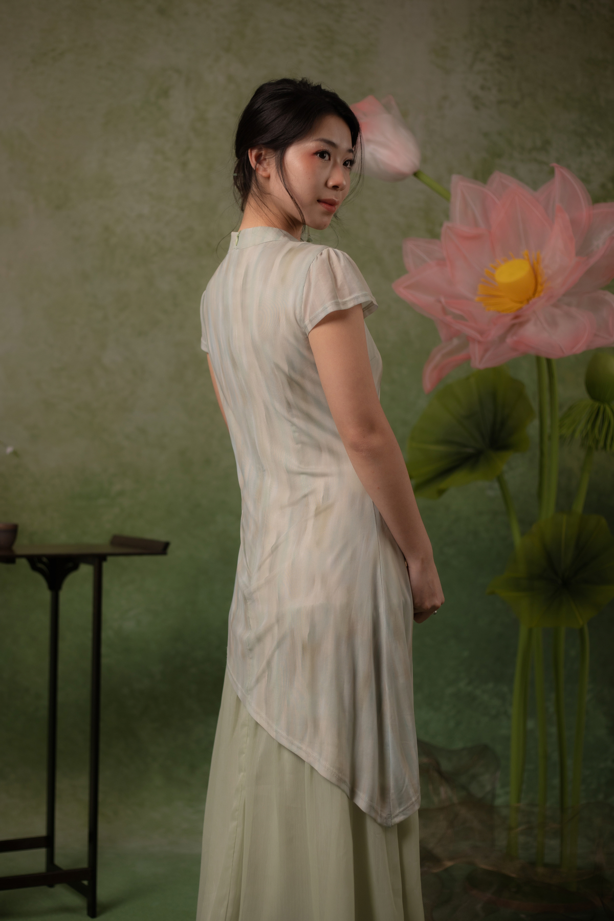 Jade Mist Layered Cheongsam Dress in Sage