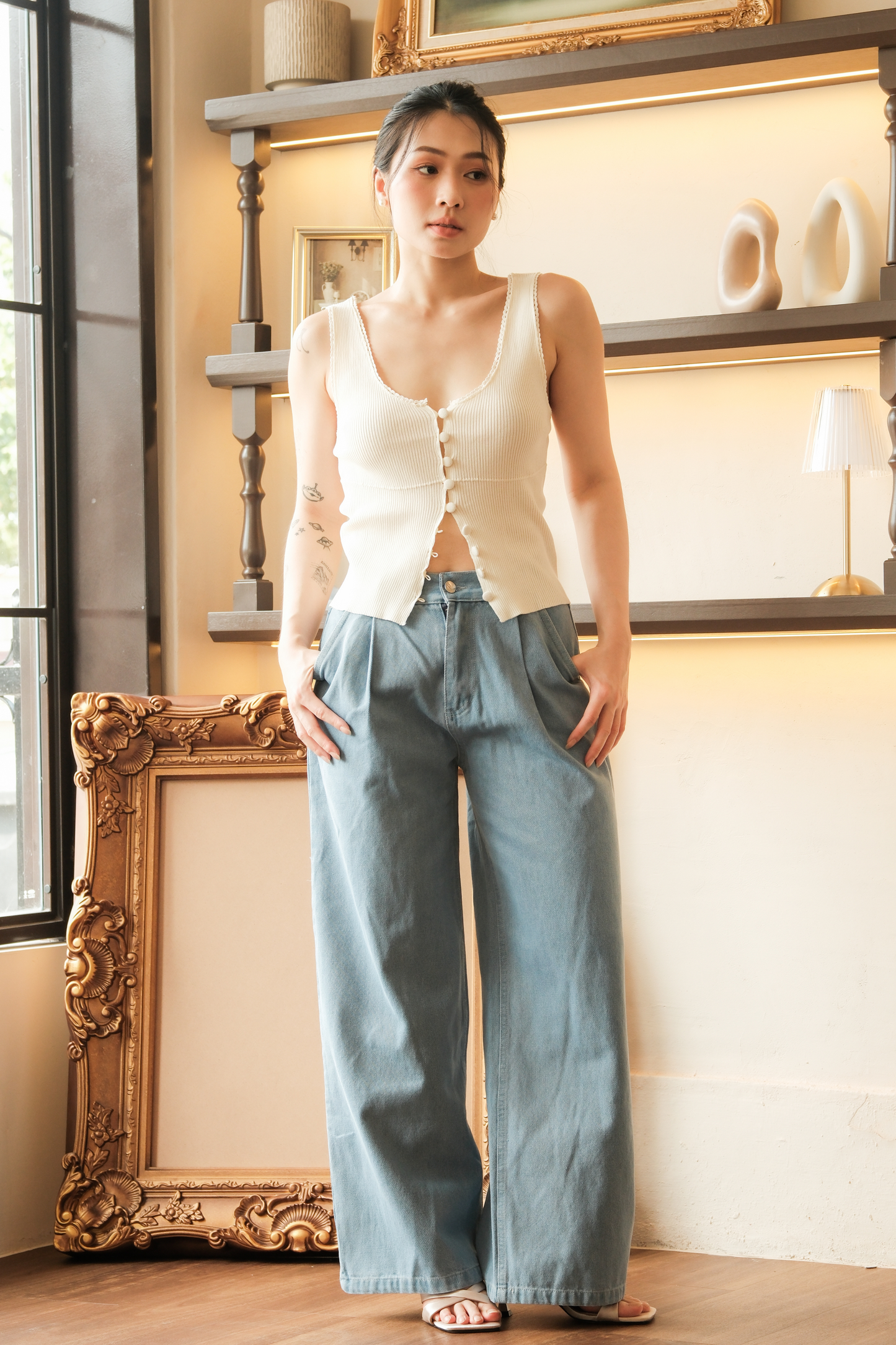 Élise Knit Button Tank in Beige