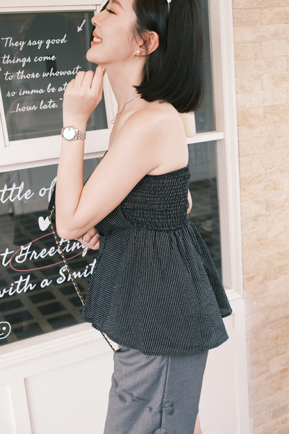Éloise Strapless Pinstripe Peplum Top in Black