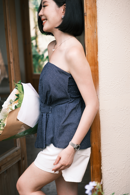 Éloise Strapless Pinstripe Peplum Top in Blue