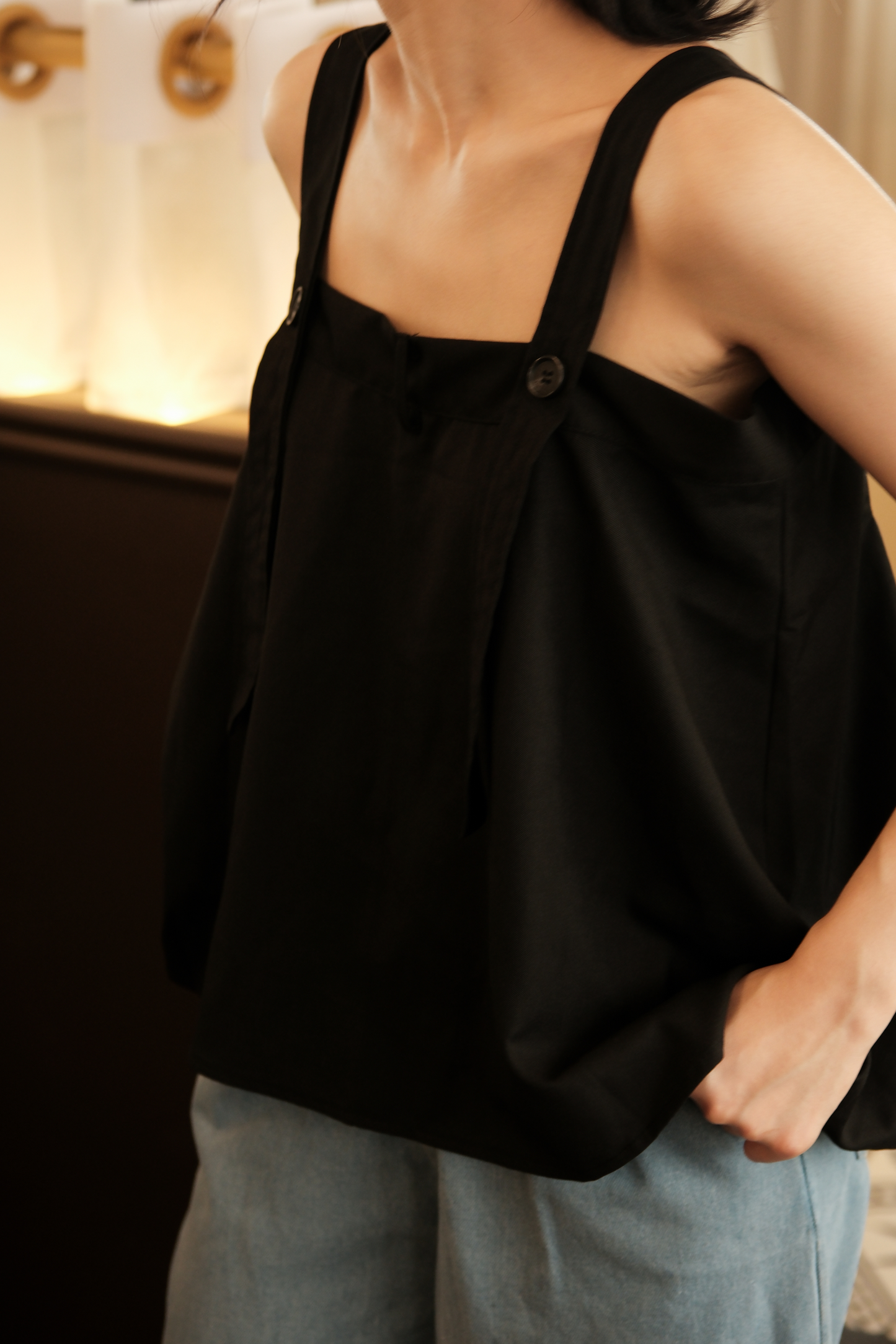 Sabine Button-Front Swing Cami Top in Black