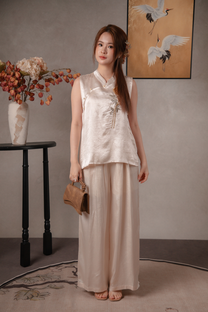 Nora Golden Cheongsam Top & Pants Set in Champagne