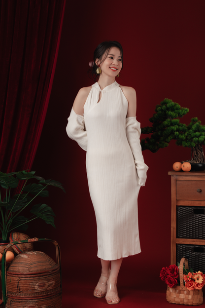 Liora Knit Mandarin Two-Piece Dress in Beige White (In-Stock)