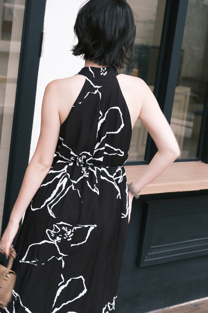Noir Fleur Halter Maxi Dress in Black