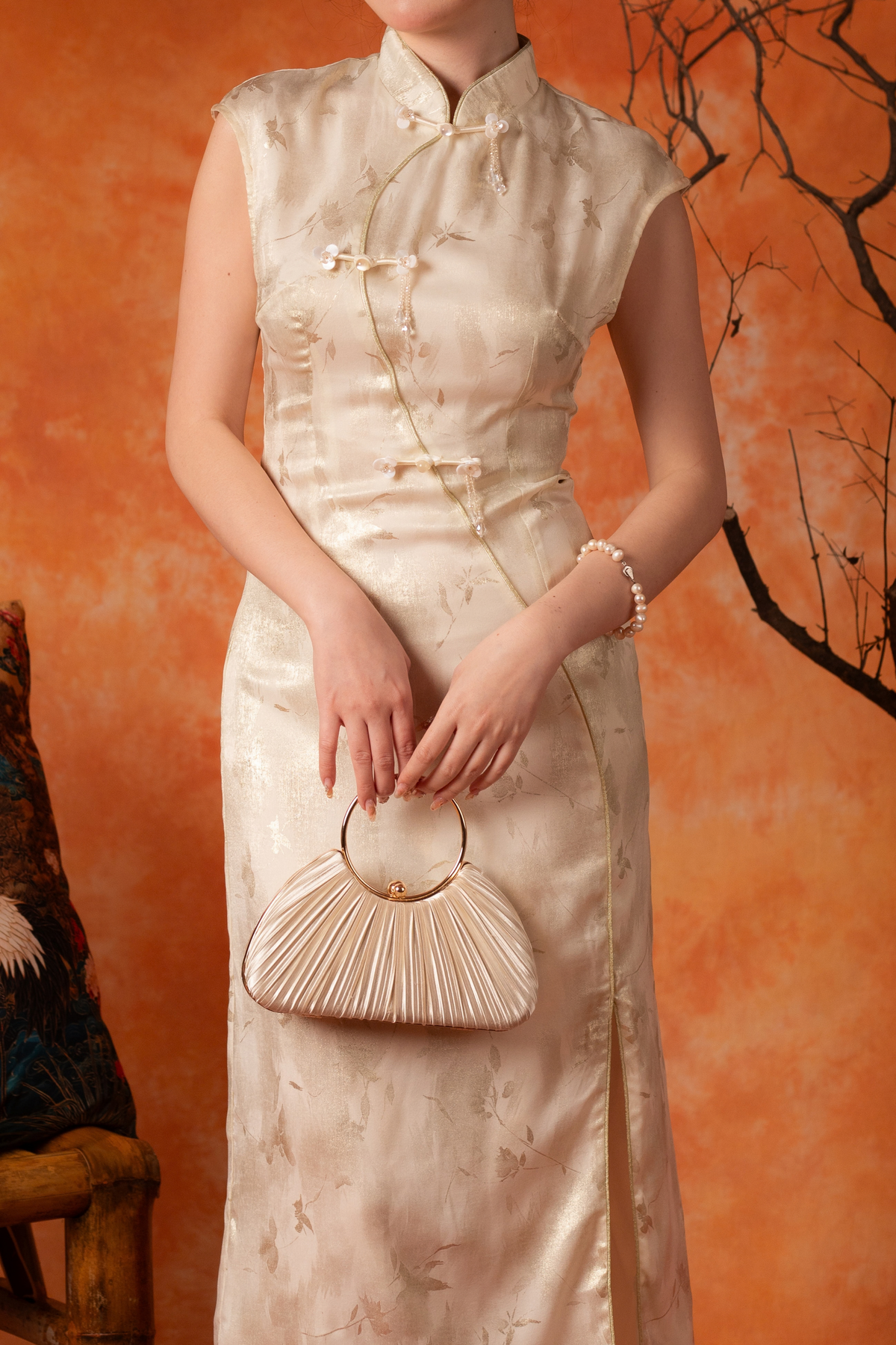 Sunniva Pearl Cheongsam Dress in Pale Sage