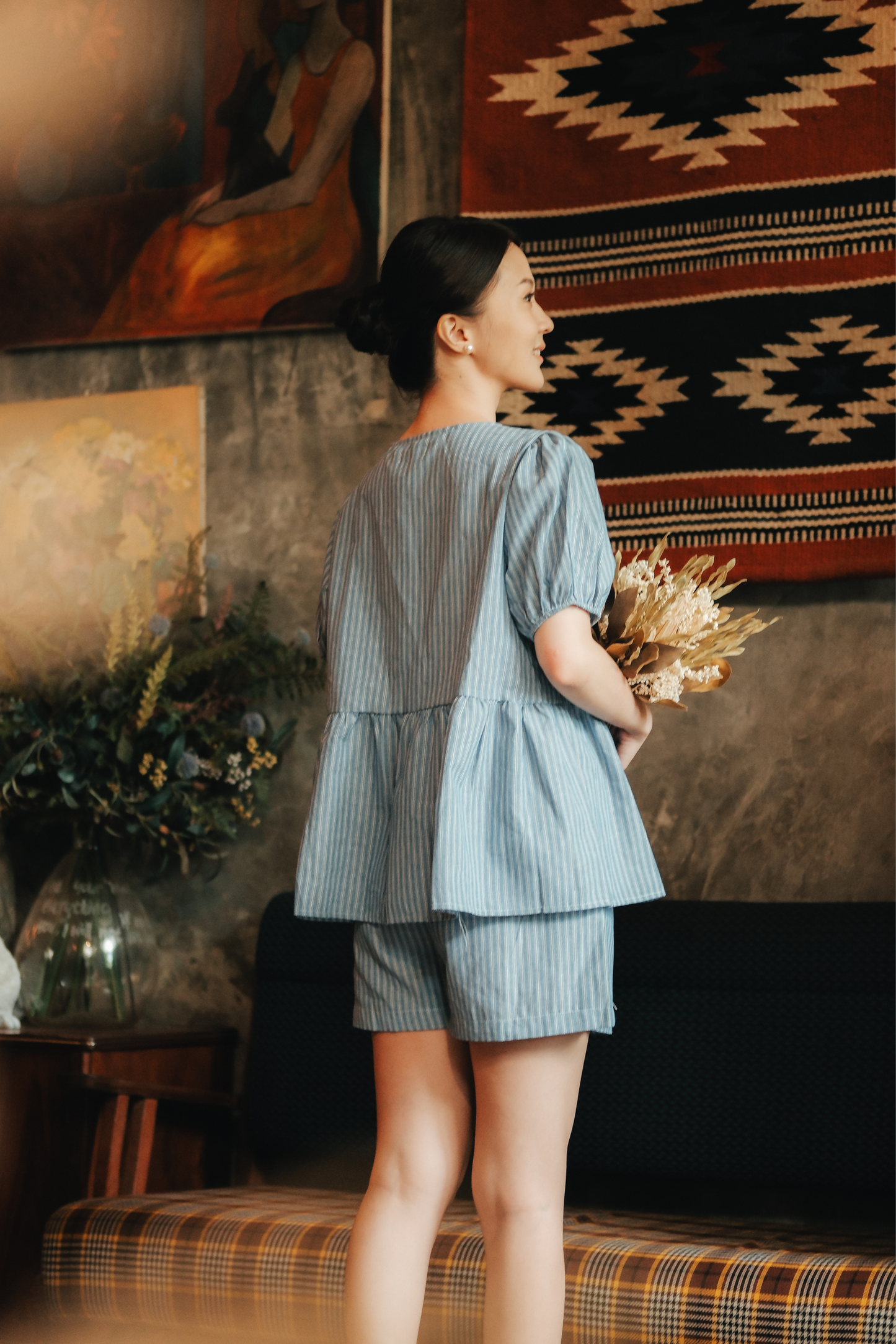 Maëlle Bow Tie Stripe TwinSet in Light Blue
