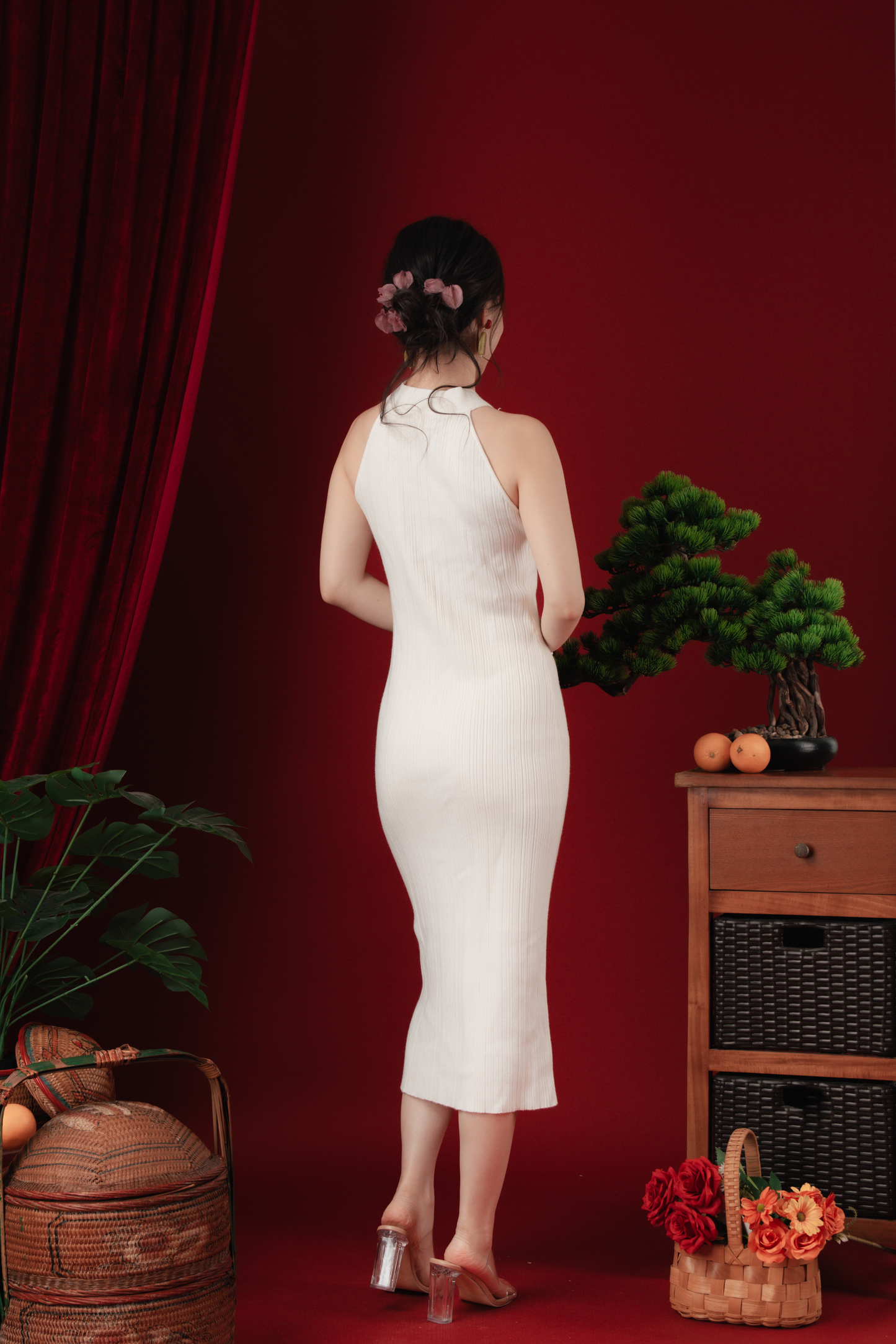 Liora Knit Mandarin Two-Piece Dress in Beige White (In-Stock)