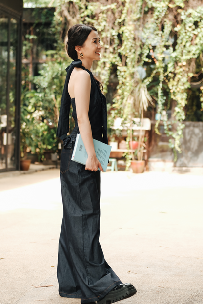 Clara Bow Halter Denim Top & Wide-Leg Pants Set