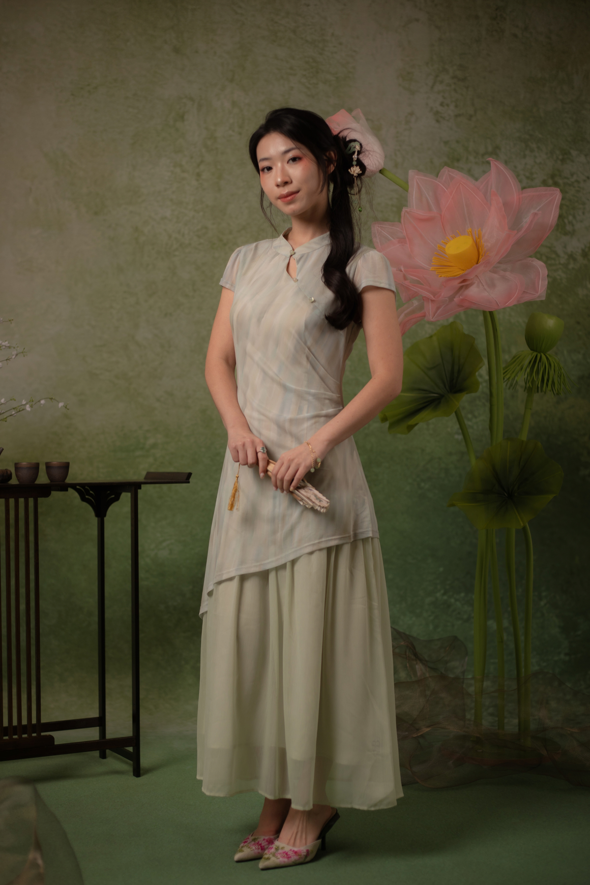 Jade Mist Layered Cheongsam Dress in Sage