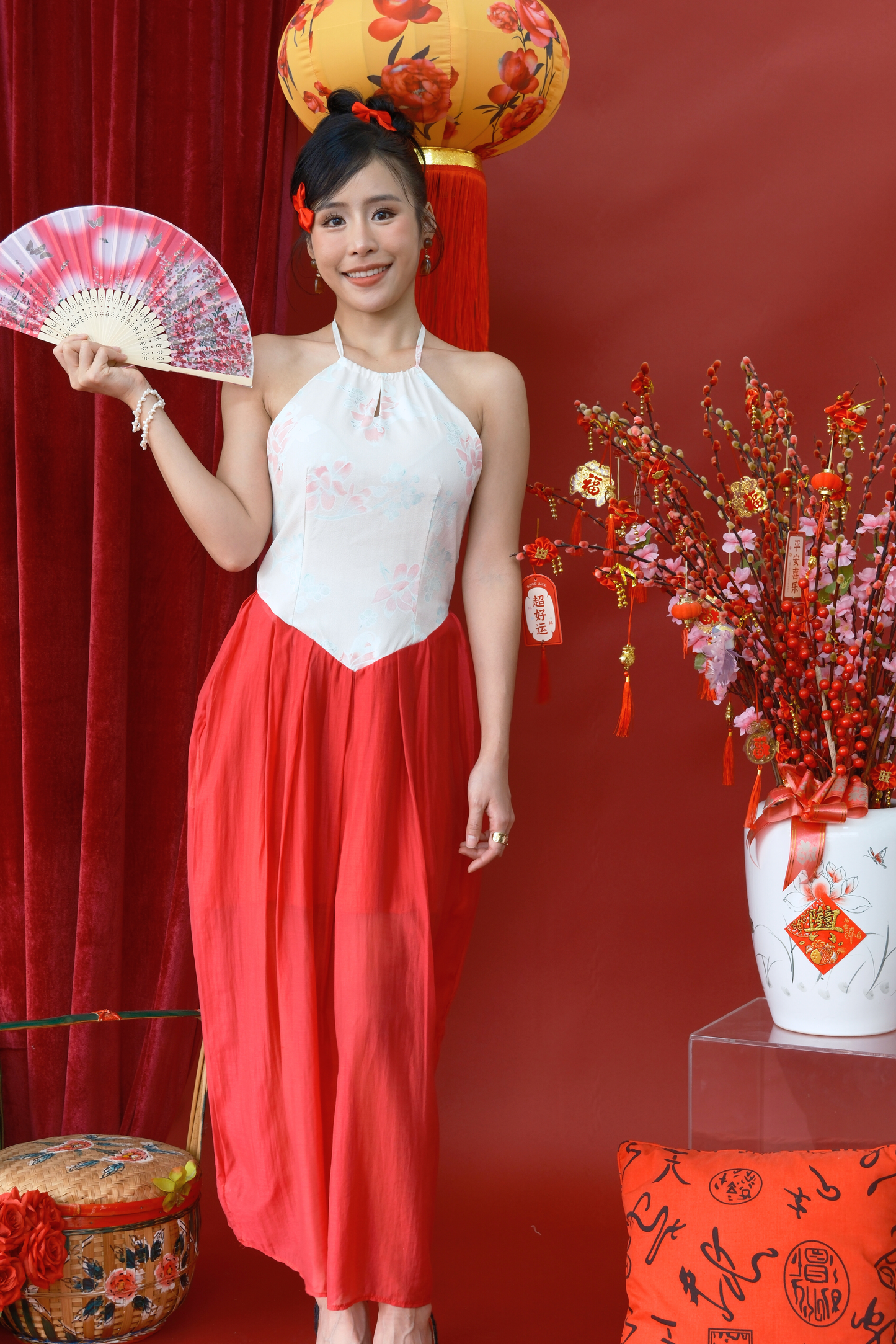 Camellia Veil Halter Cheongsam Gown