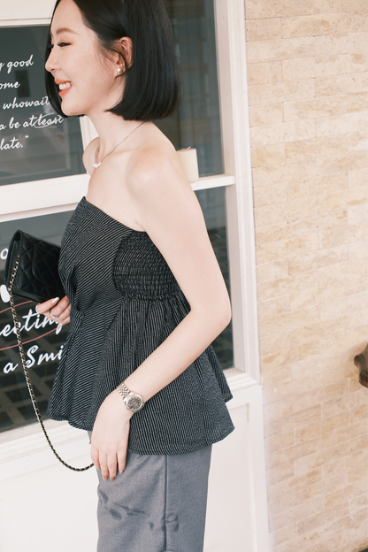 Éloise Strapless Pinstripe Peplum Top in Black