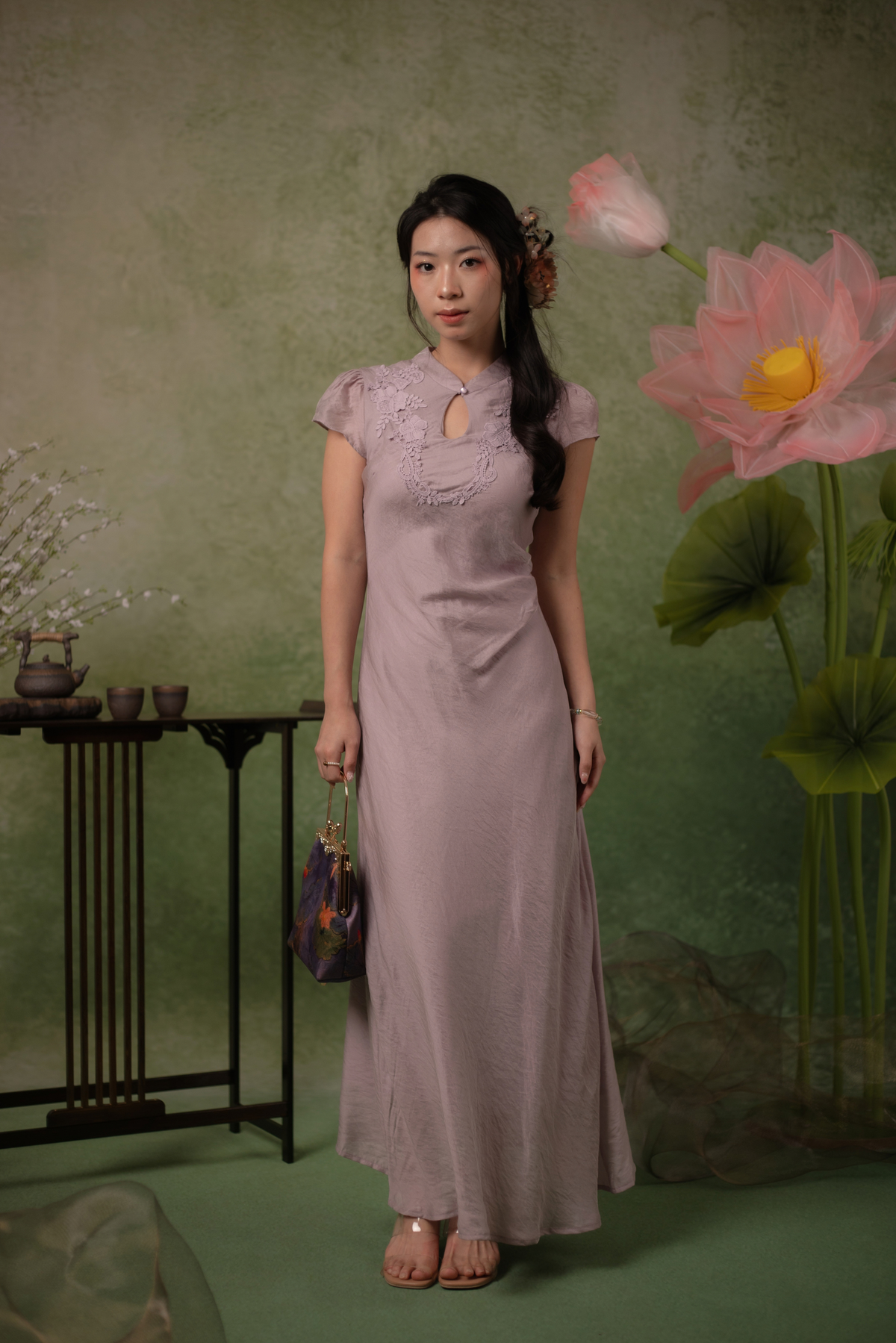 Serene Bloom Cheongsam Dress in Dusty Mauve