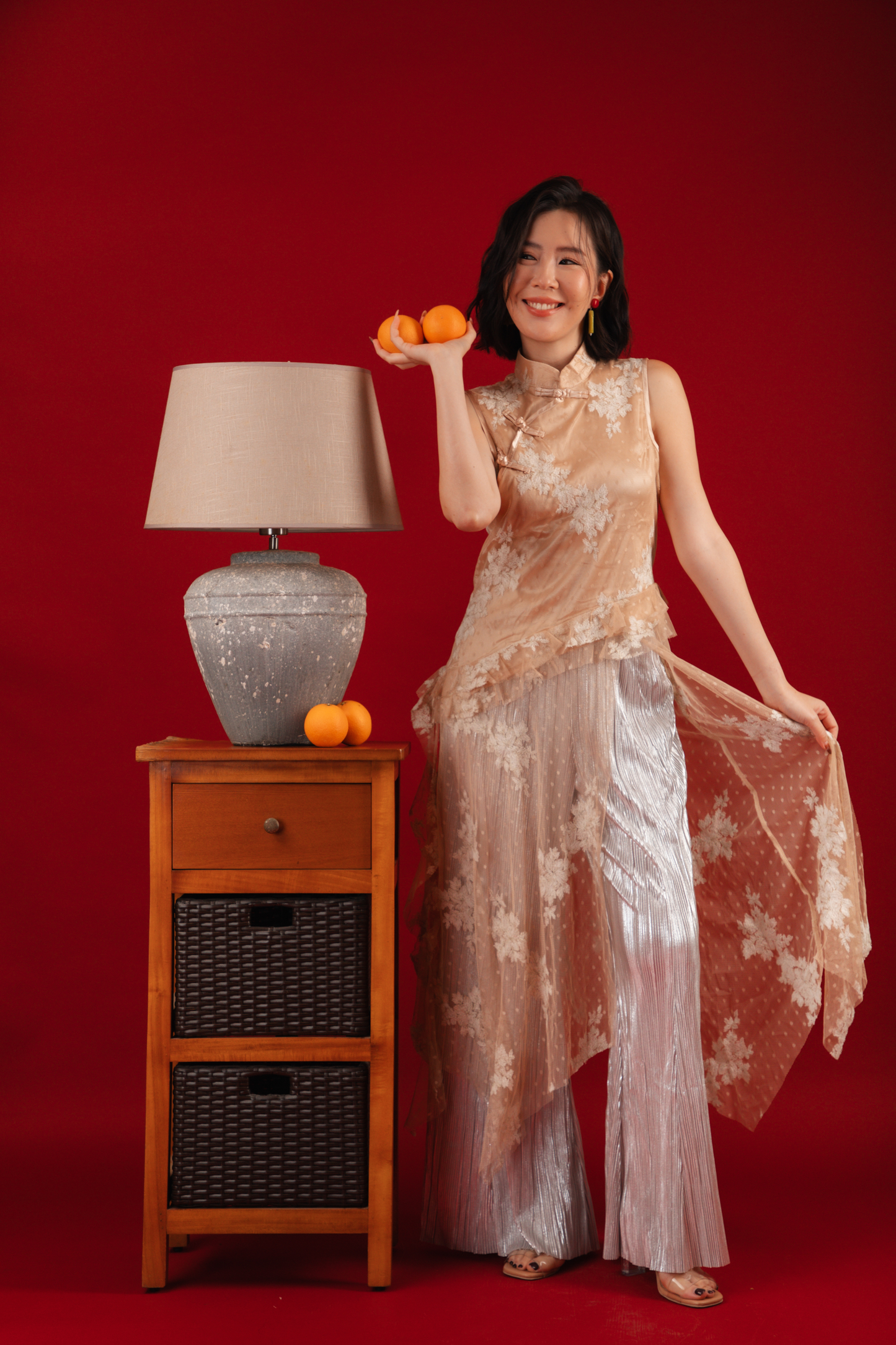 Aurora Sheer Embroidered Cheongsam Top/Pleated Pants