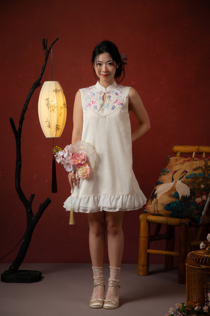 Butterfly Bloom Ruffle Cheongsam Dress in White
