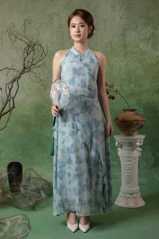Rosalie Rêve Ruffle Cheongsam Dress in Dusty Blue