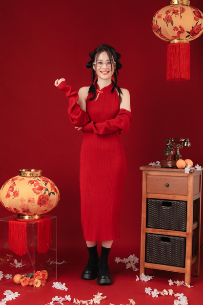 Liora Knit Mandarin Two-Piece Dress in Red (In-Stock)