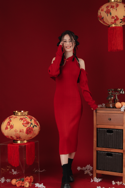 Liora Knit Mandarin Two-Piece Dress in Red (In-Stock)
